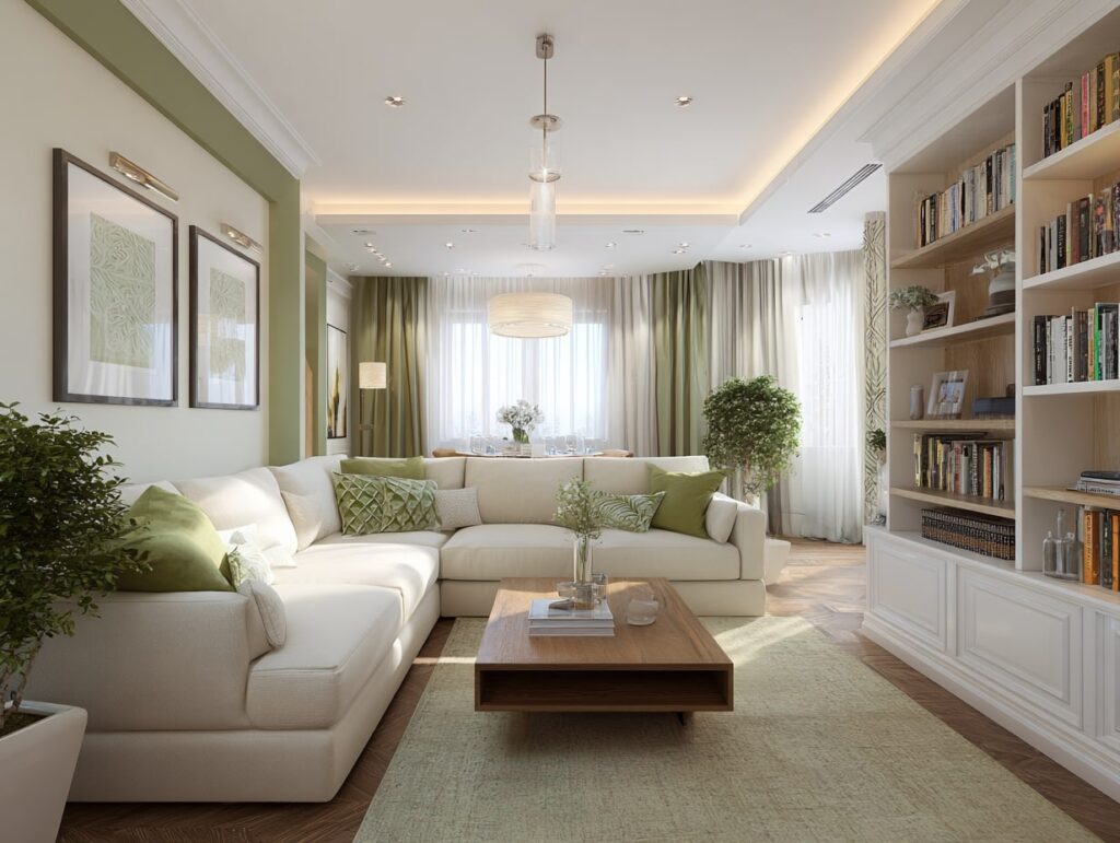 Fresh Beige Living Room with Green Accents