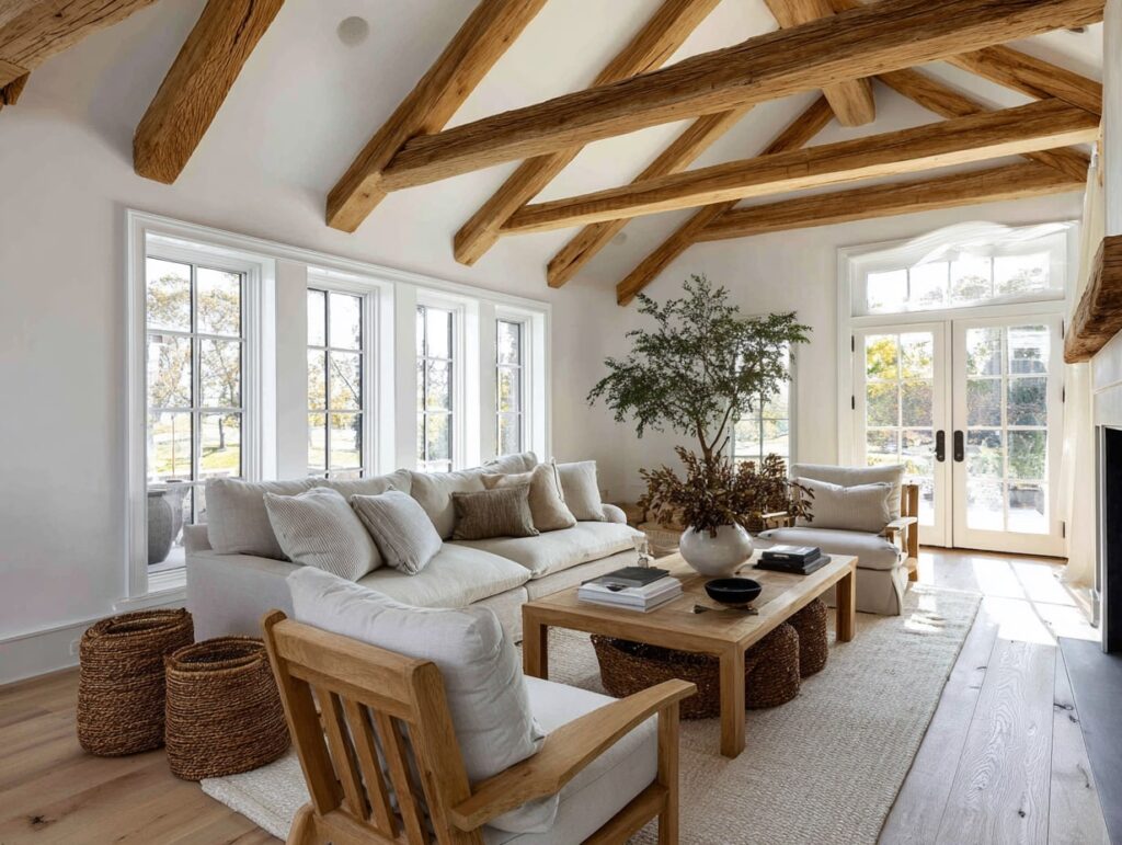 Rustic Beige Living Room with Exposed Wood Beams
