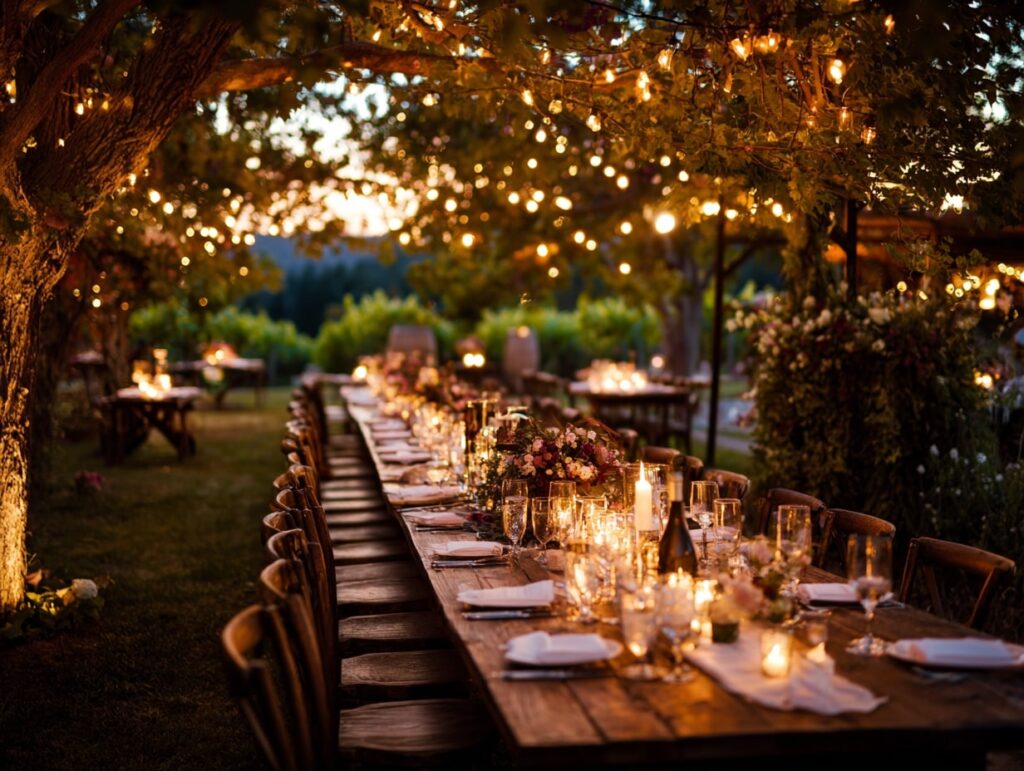 Rustic Candlelit Reception Under Winter Trees

