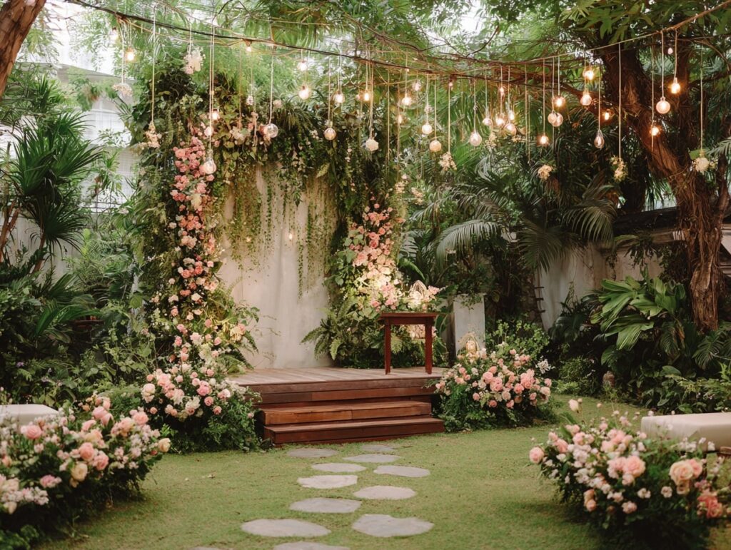 14. Garden Romance Fairy Light Wedding Stage