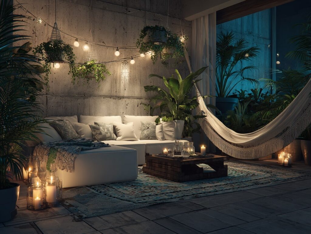 17. Boho Garden Lounge with Hammock and Candles

