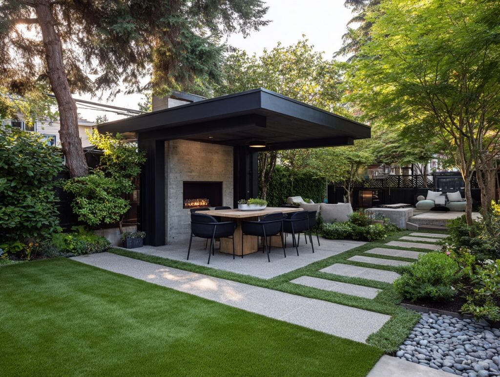 Modern Outdoor Dining with Cozy Fireplace

