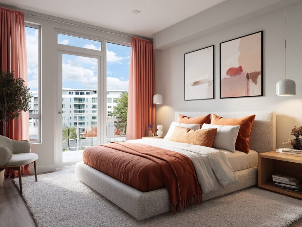 Contemporary Pink Bedroom with Warm Accents