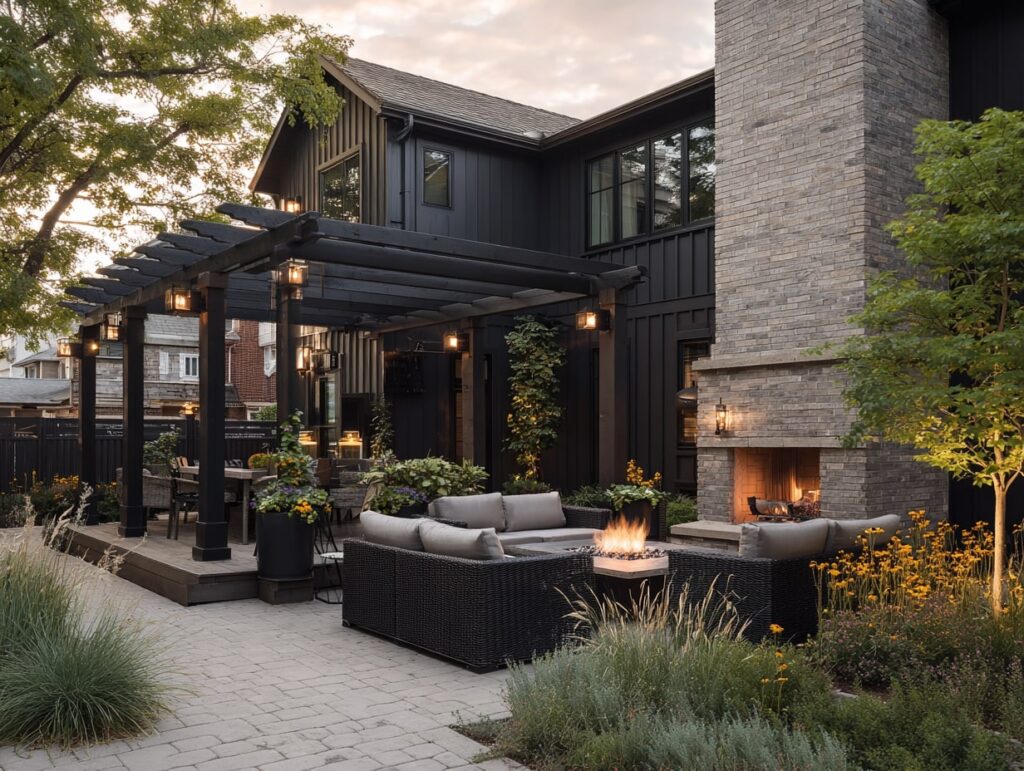 Chic Patio with Pergola and Fire Features