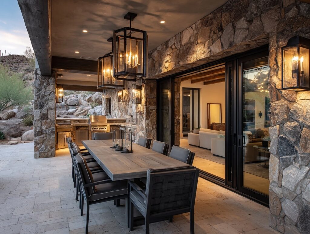 Rustic Stone Outdoor Living Room with Dining and Grill

