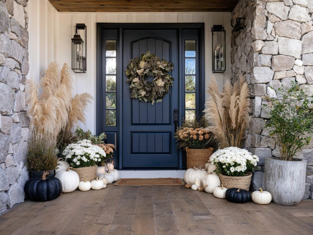 Neutral Fall Porch with Pampas Grass and White Pumpkins