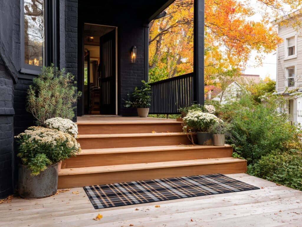 Modern Porch with Plaid Welcome Mat