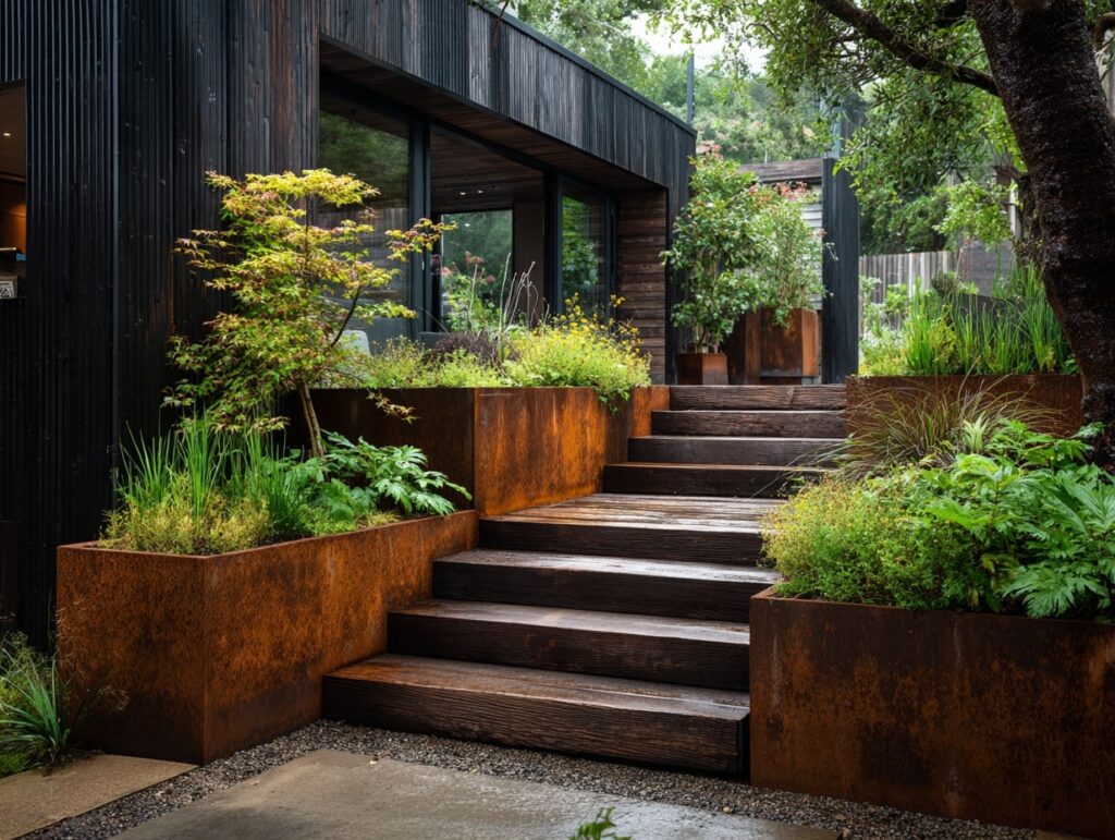 Rustic Steel Planters for Modern Garden Steps

