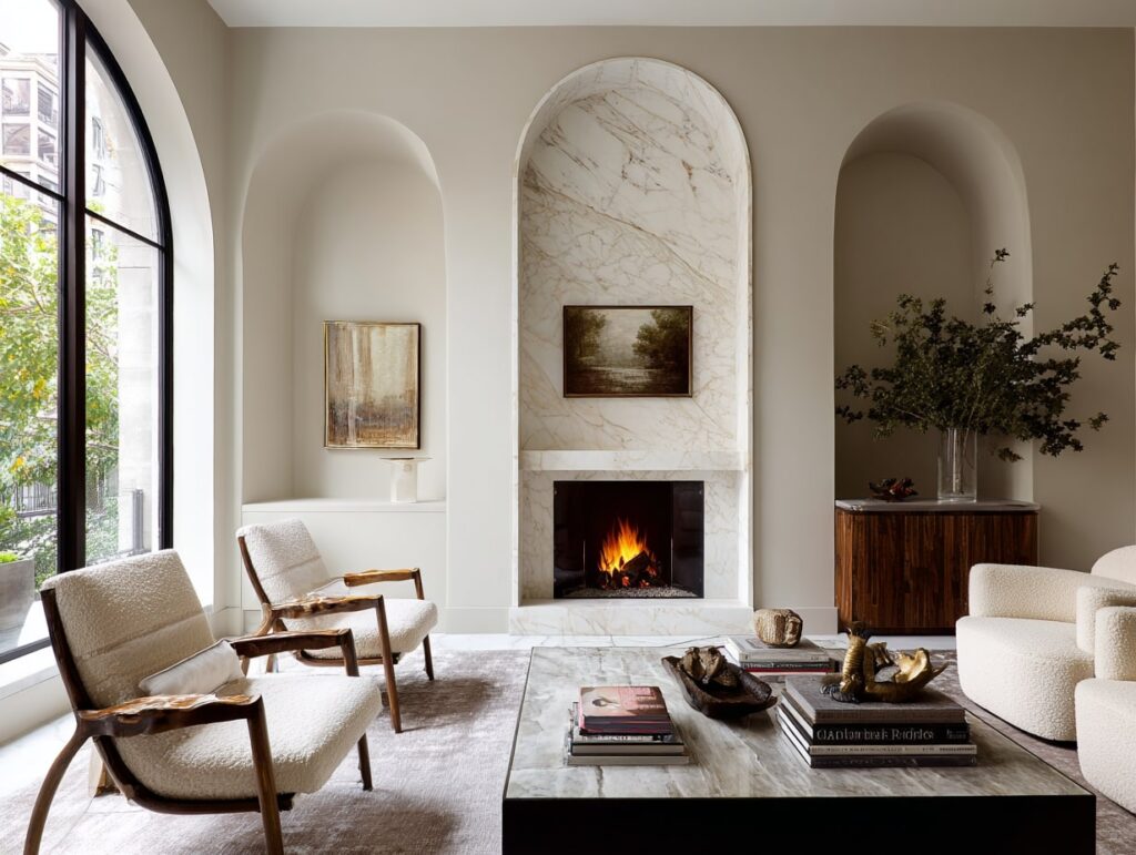 1. Modern Marble Fireplace + Soft Beige Arches