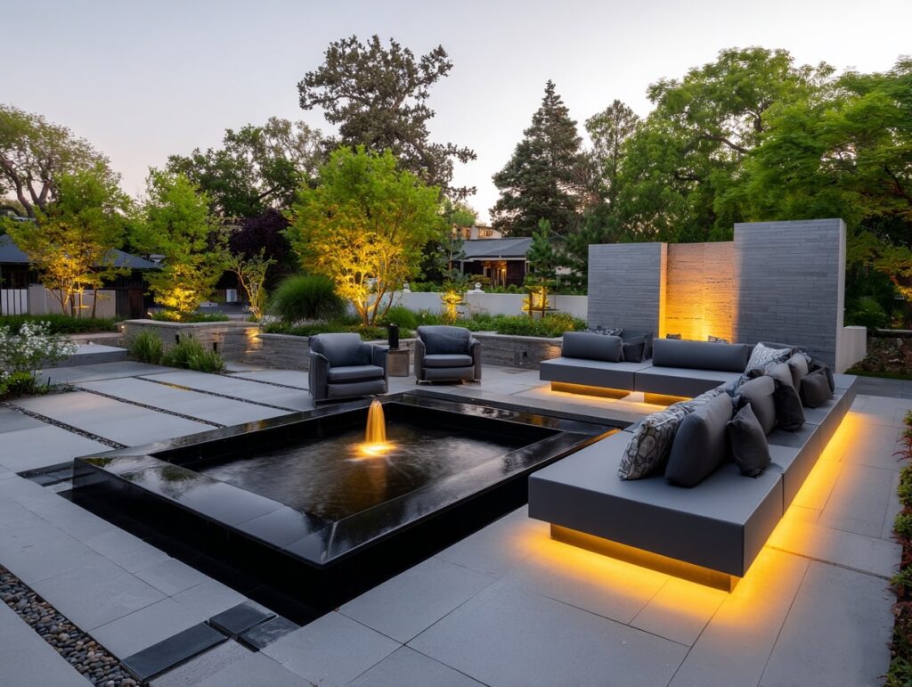 Sleek Patio with Illuminated Water Feature