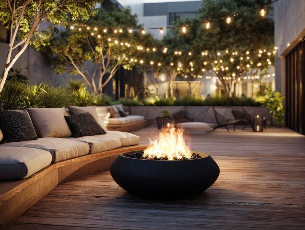 Cozy Balcony with Fire Pit and String Lights