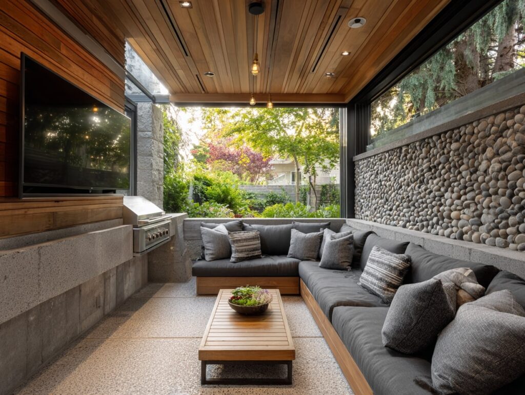 Modern Outdoor Living Room with Stone Accents

