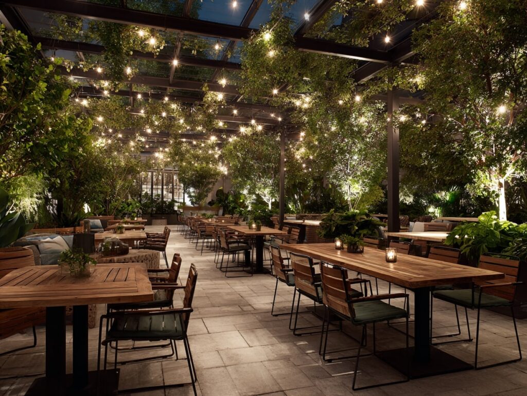 7. Garden Dining Room with a Twinkle-Lit Canopy

