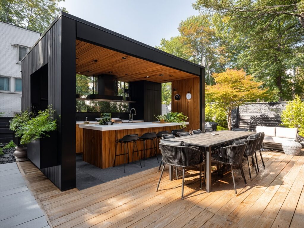 Contemporary Outdoor Kitchen and Dining Patio