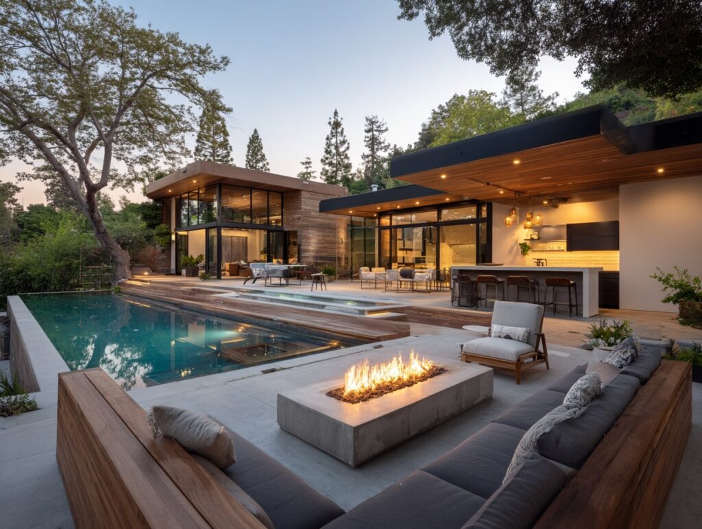 Poolside Outdoor Living Room with Fire Feature