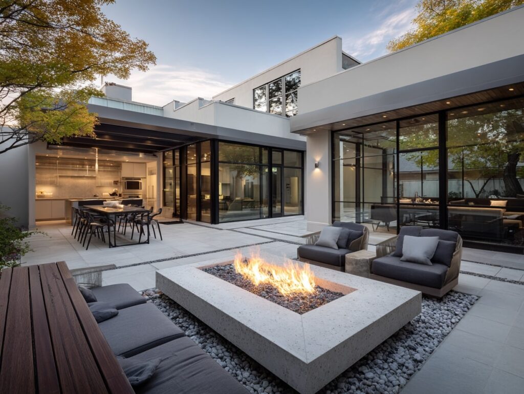 Sleek Courtyard Outdoor Living Room with Fire Pit

