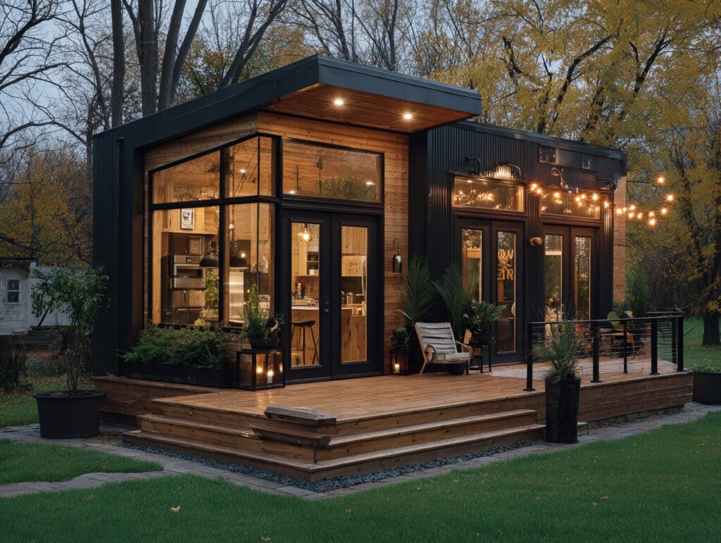 Modern Porch with String Lights and Cozy Seating