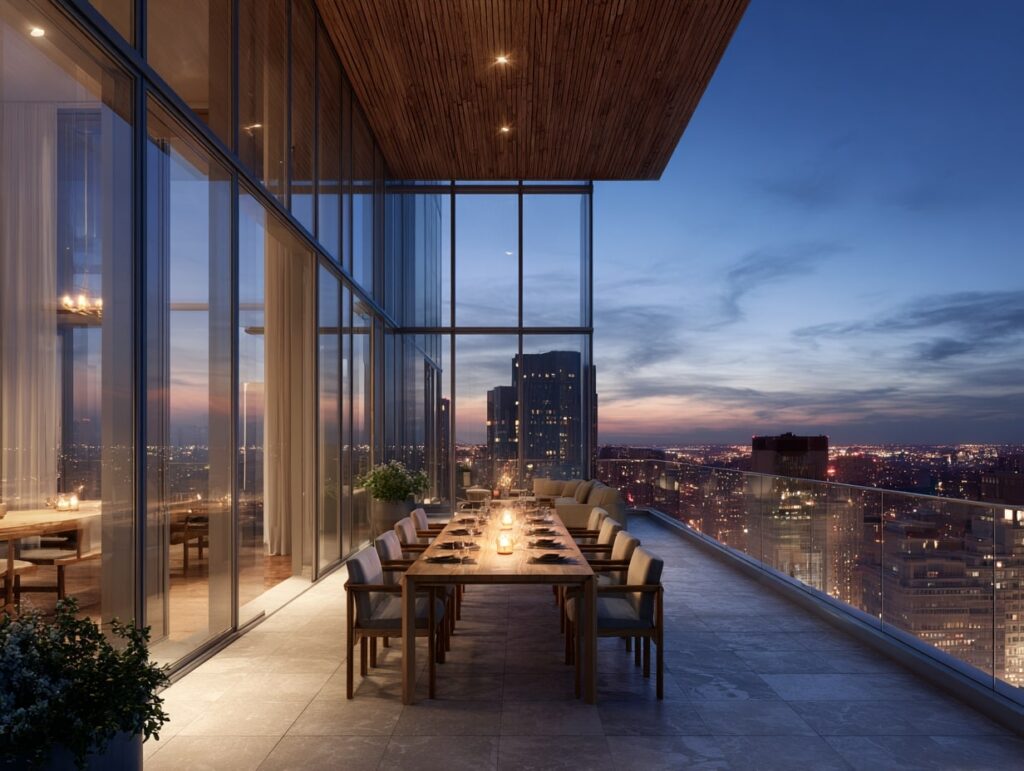 City Lights Dining on a Penthouse Balcony
