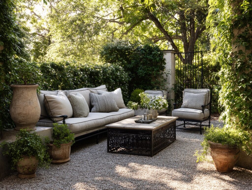 5. Elegant Gravel Patio with Iron Details