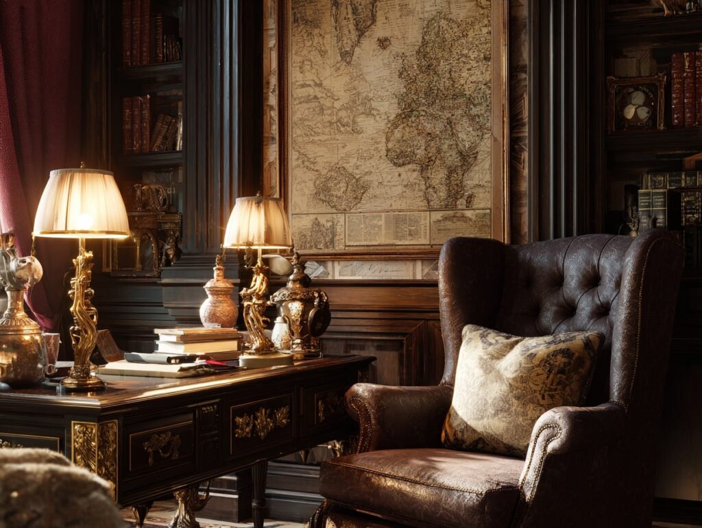 Leather Wingback Chair and Vintage Study Decor
