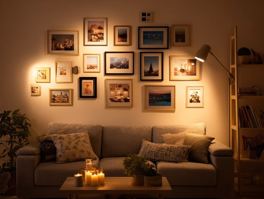 18. Cozy Gallery Wall with Ambient Glow