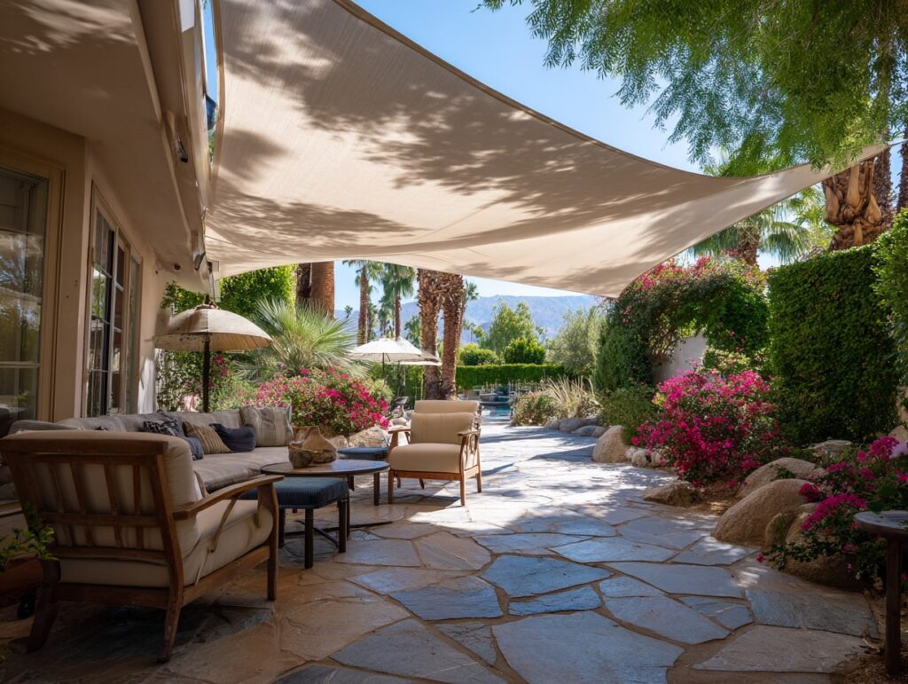 3. Breezy Shade Sail Over Garden Patio