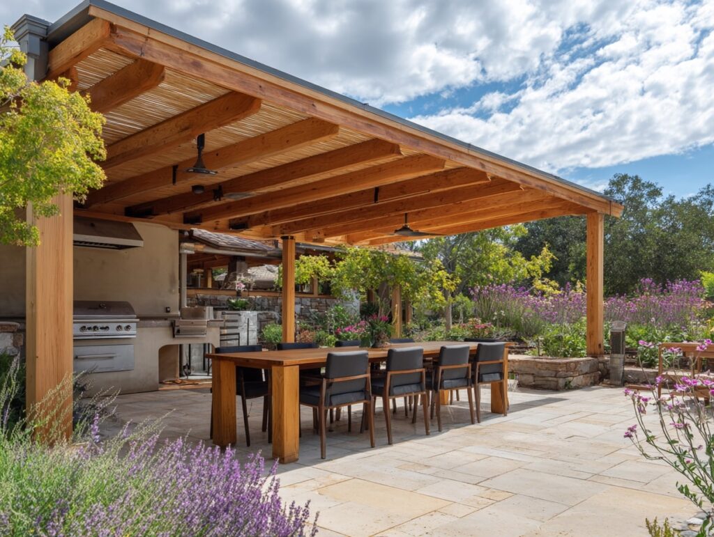 9. Backyard Kitchen Patio with a Wooden Cover