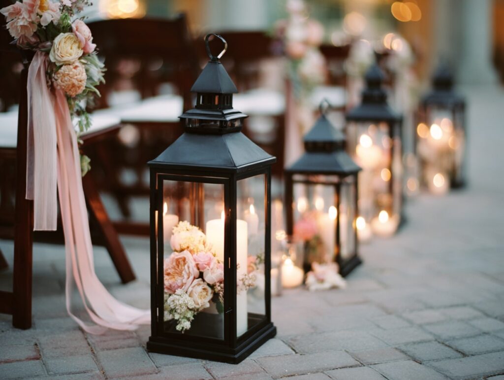 5. Candle Lanterns with Florals and Soft Ribbon
