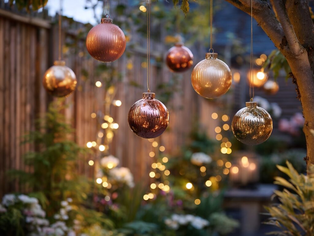Metallic Ornaments Hanging from Garden Trees