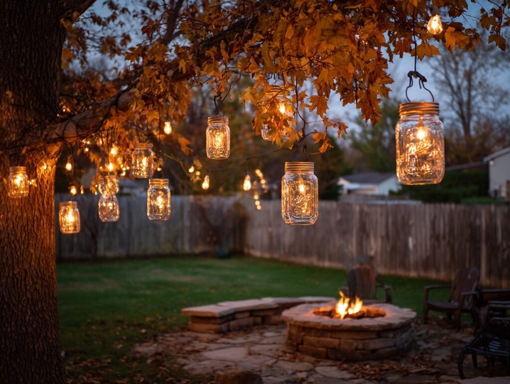 5. Mason Jar Fairy Lights with Fire Pit Glow
