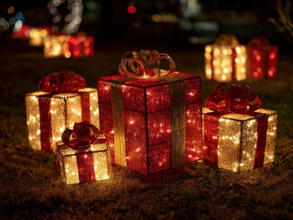 Light-Up Gift Boxes for a Festive Lawn Display