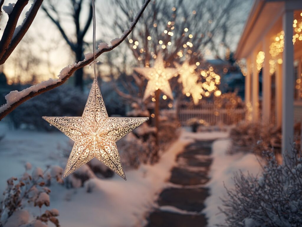 Glowing Star Lanterns Along the Snowy Path