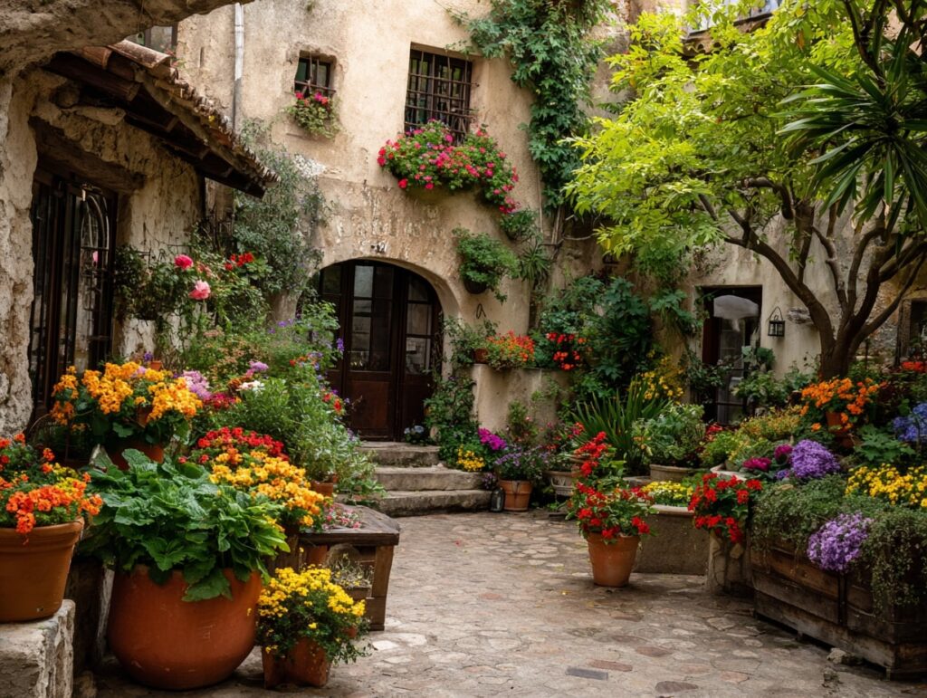 8. Mediterranean Patio Bursting with Blooms