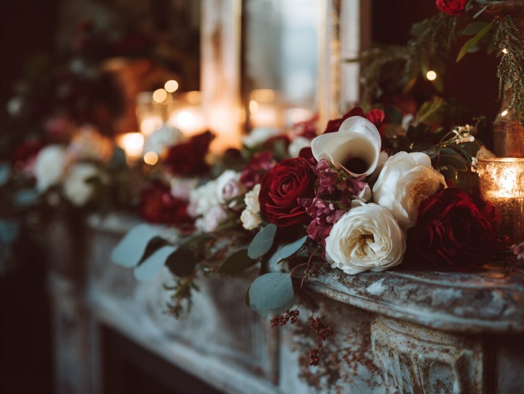 Romantic Mantel Garland with Red and White Florals