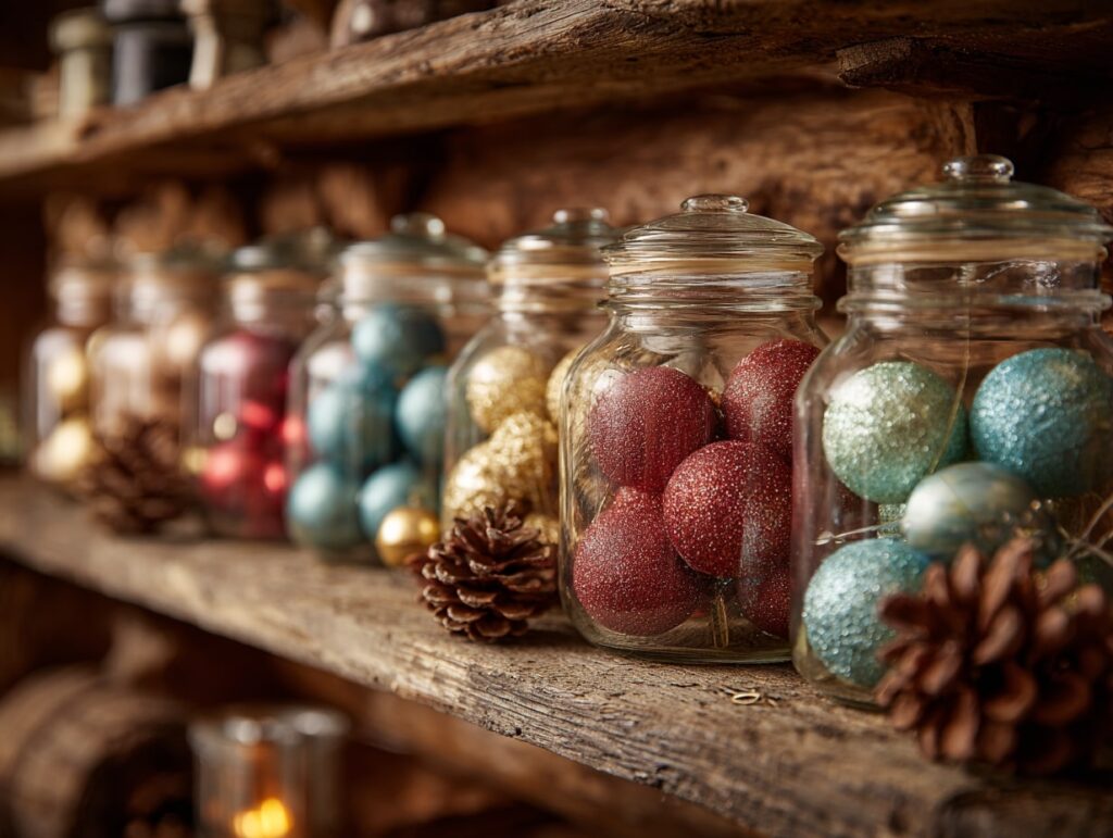 Festive Ornaments in Glass Jars Display