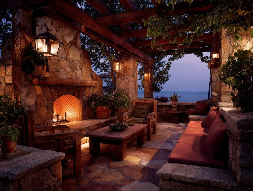 Rustic Outdoor Living Room with Stone Fireplace