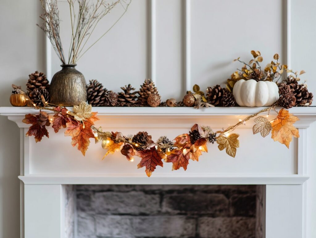 Autumn Mantel with Lit Leaf Garland