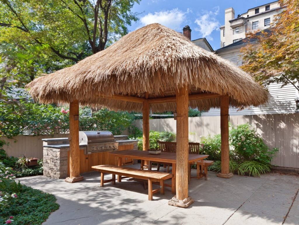 14. Tropical-Inspired Patio with Thatched Roof