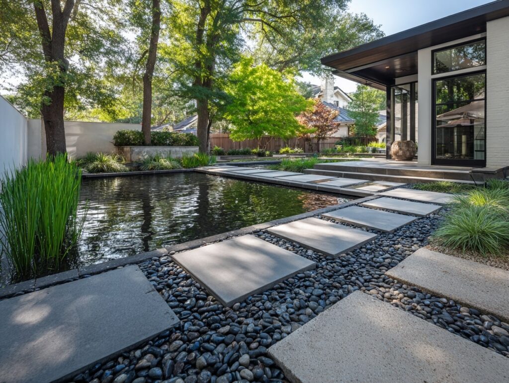 Modern Stepping Stones Over Reflective Water

