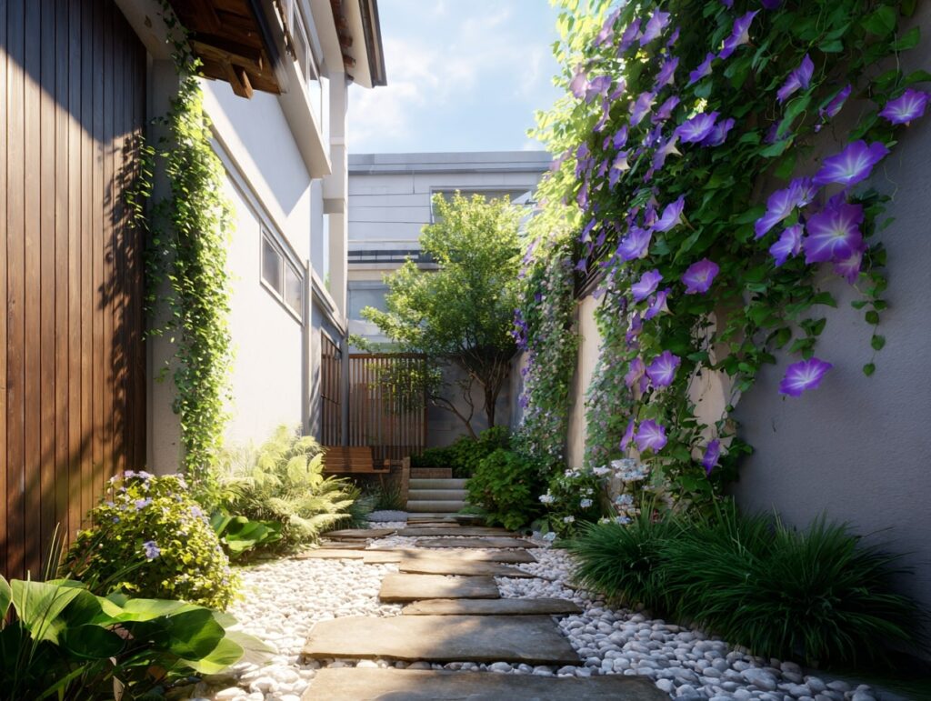 Tranquil Garden Path with Blooming Vines