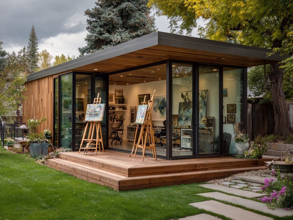 5. Bright Garden Art Studio with Glass Walls


