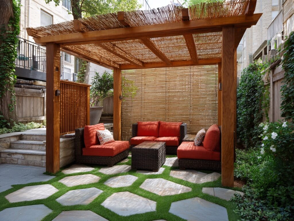 13. Urban Patio Nook with Bamboo and Bold Color