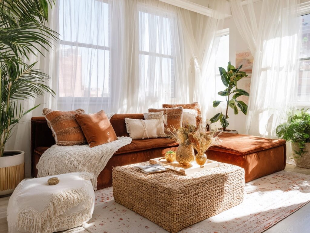 Sunlit Boho Living Room with Earthy Tones