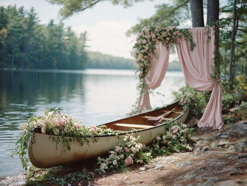 Lakeside Canoe Altar with Blush Drapes

