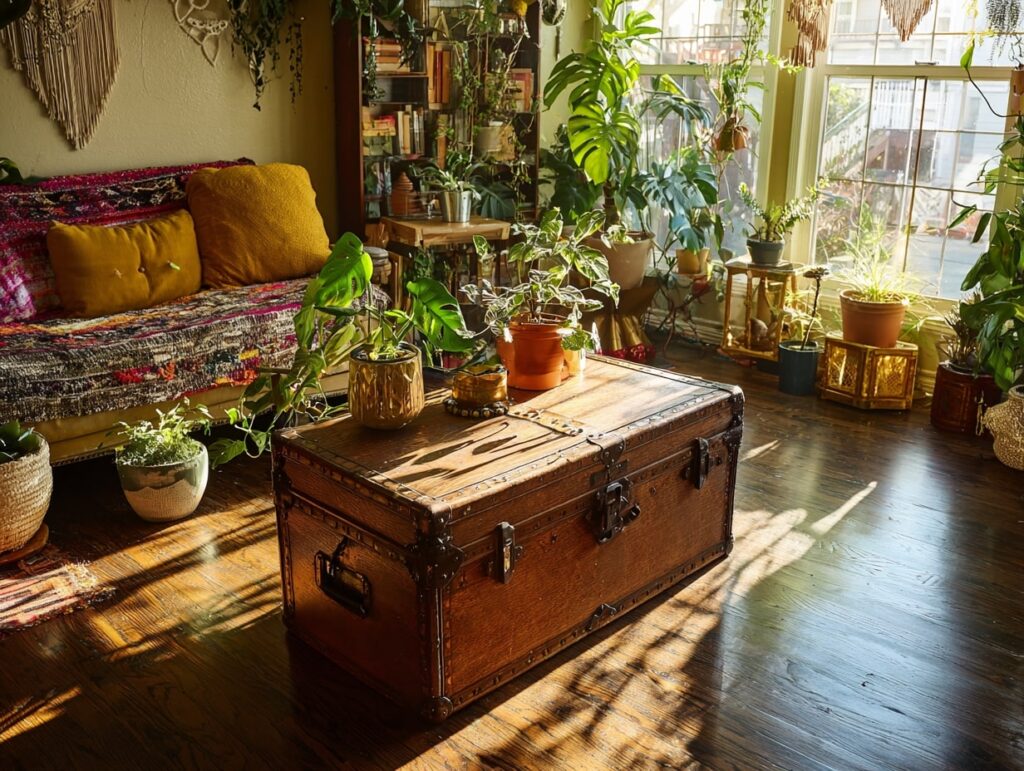 Vintage Boho Living Room with Lush Greenery