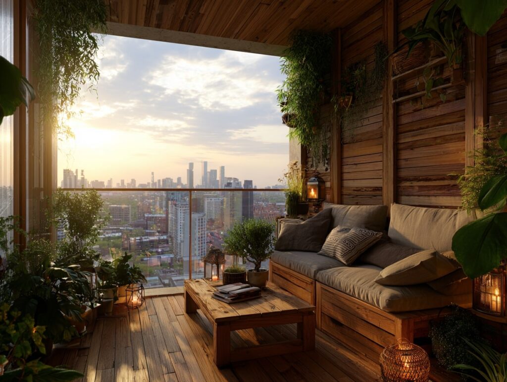 Warm Wooden Balcony with Sunset Views