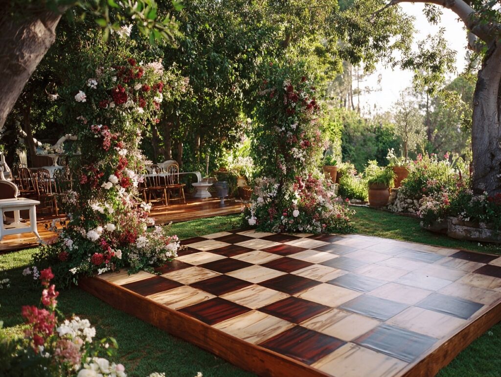 Checkerboard Dance Floor with Floral Arches

