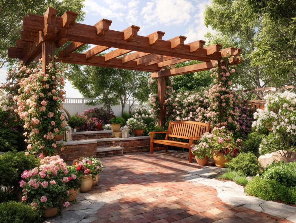 8. Bloom-Covered Pergola with Garden Bench Charm