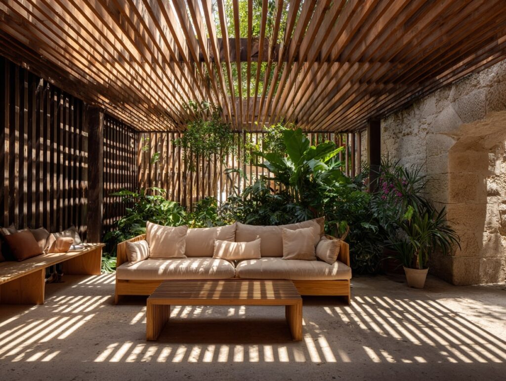 Rustic Balcony with Wooden Slat Ceiling