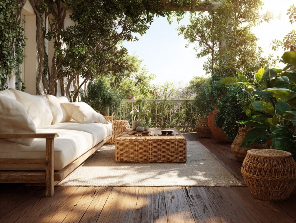 4. Garden-Style Patio with Soft Seating and Wicker Touches
